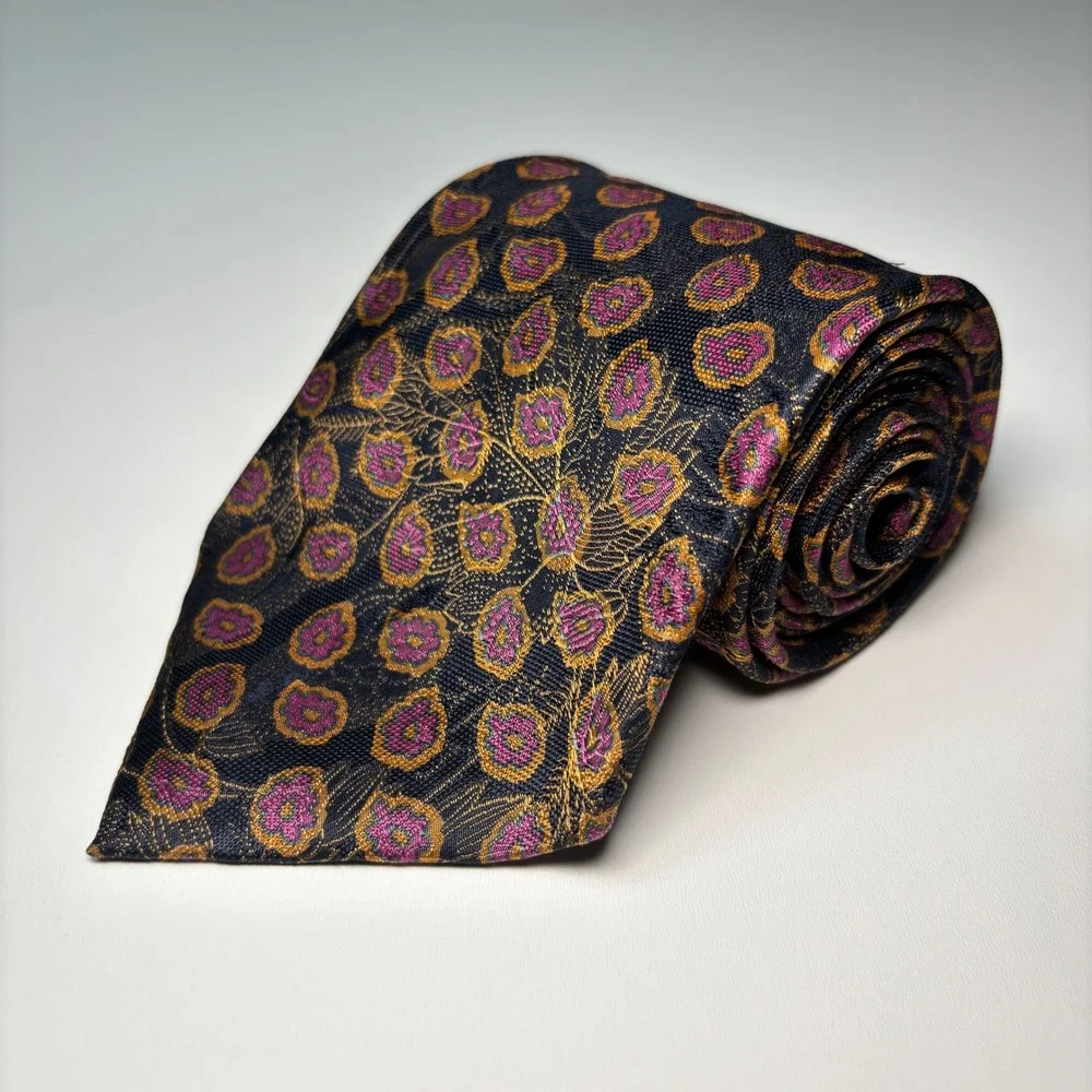 Polo Ralph Lauren VTG Silk Necktie Black Purple Floral Medallion Handmade Tie